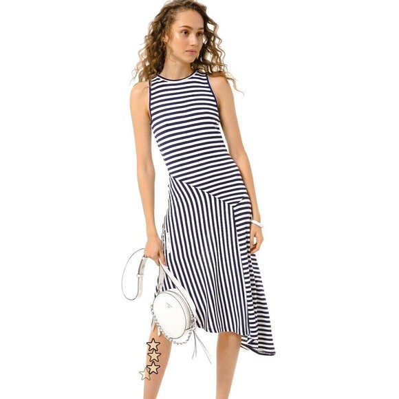 Michael Kors Women Sz 1X Dress Midi Navy Stripe Knit Asymmetric Sleeveless E1 - Picture 1 of 12